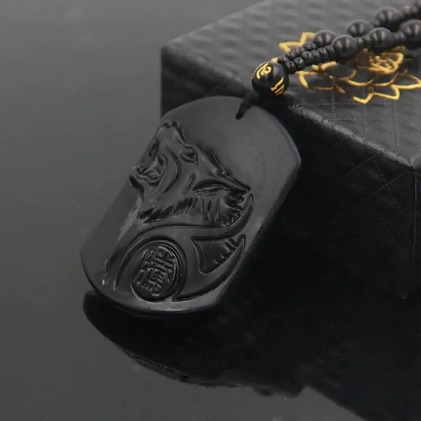 Collar Piedra Obsidiana Lobo Vikingo Amuleto Hombre Mujer   3