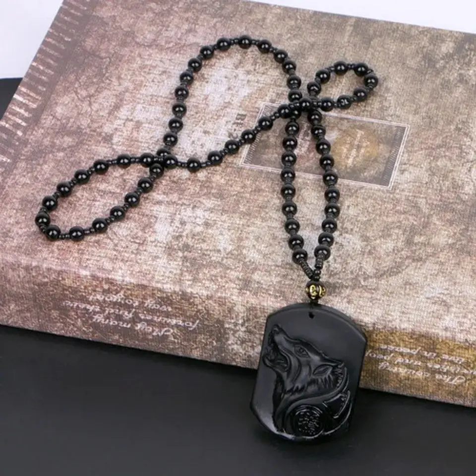 Collar Piedra Obsidiana Lobo Vikingo Amuleto Hombre Mujer   5