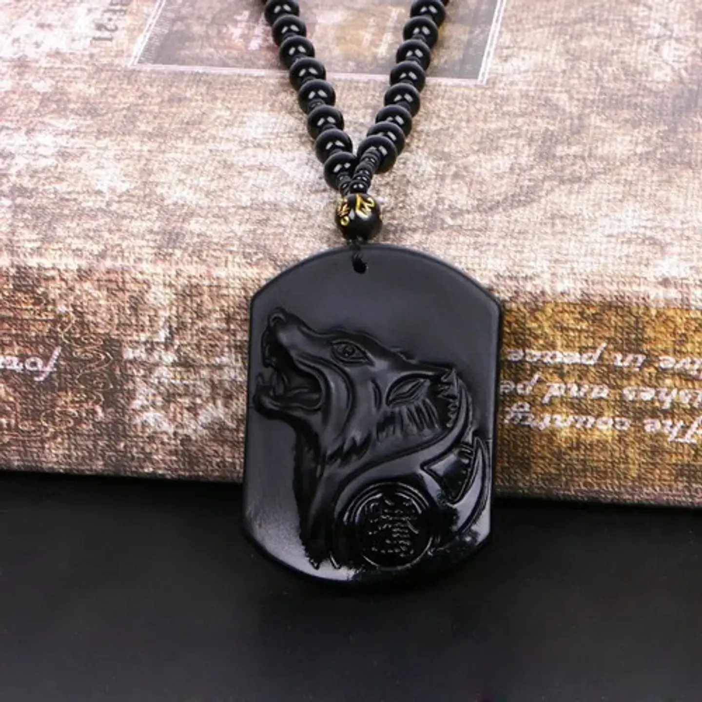 Collar Piedra Obsidiana Lobo Vikingo Amuleto Hombre Mujer   6