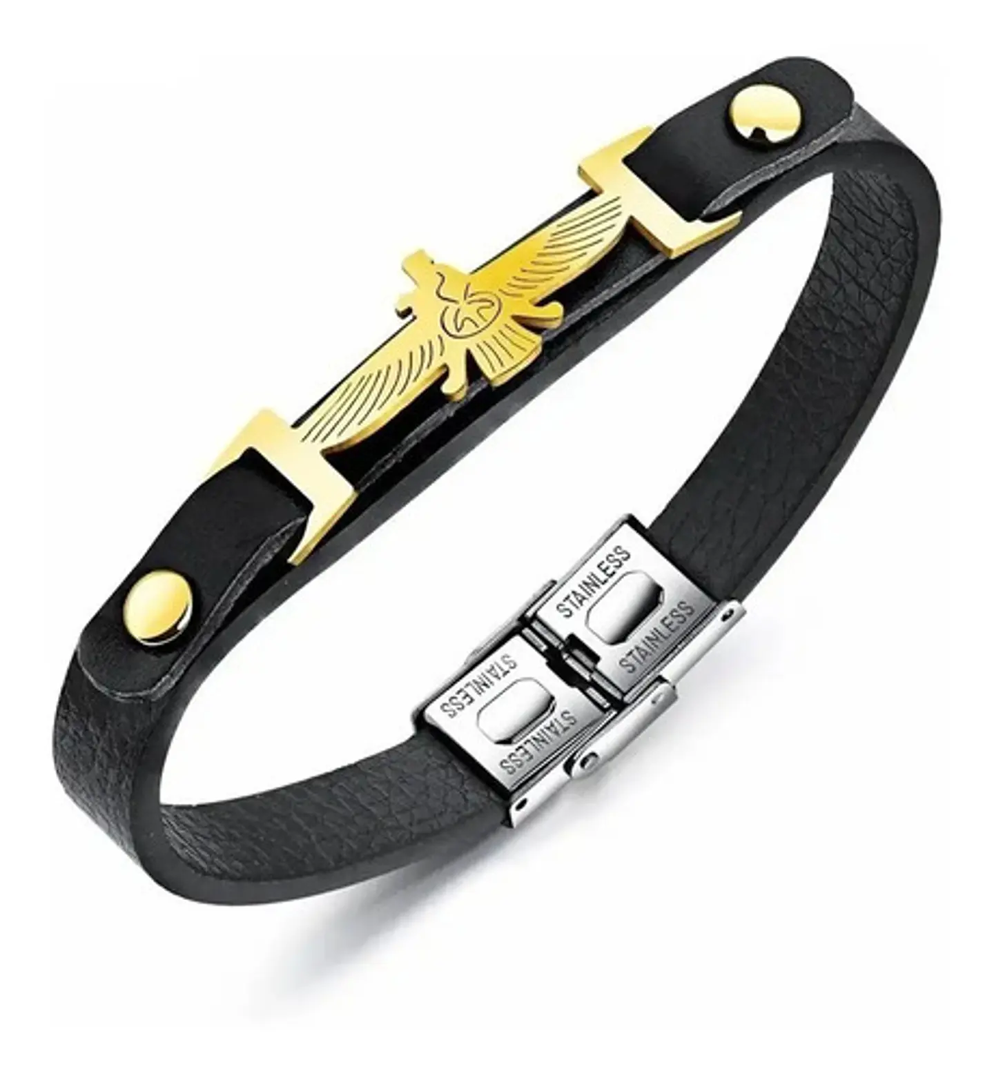 Pulsera Manilla Acero Inoxidable Águila Cuero Negro Hombre 1