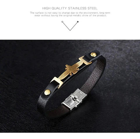 Pulsera Manilla Acero Inoxidable Águila Cuero Negro Hombre