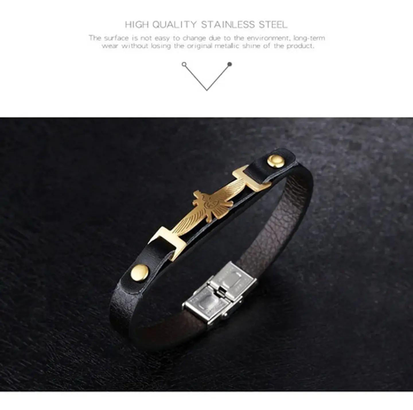 Pulsera Manilla Acero Inoxidable Águila Cuero Negro Hombre 2