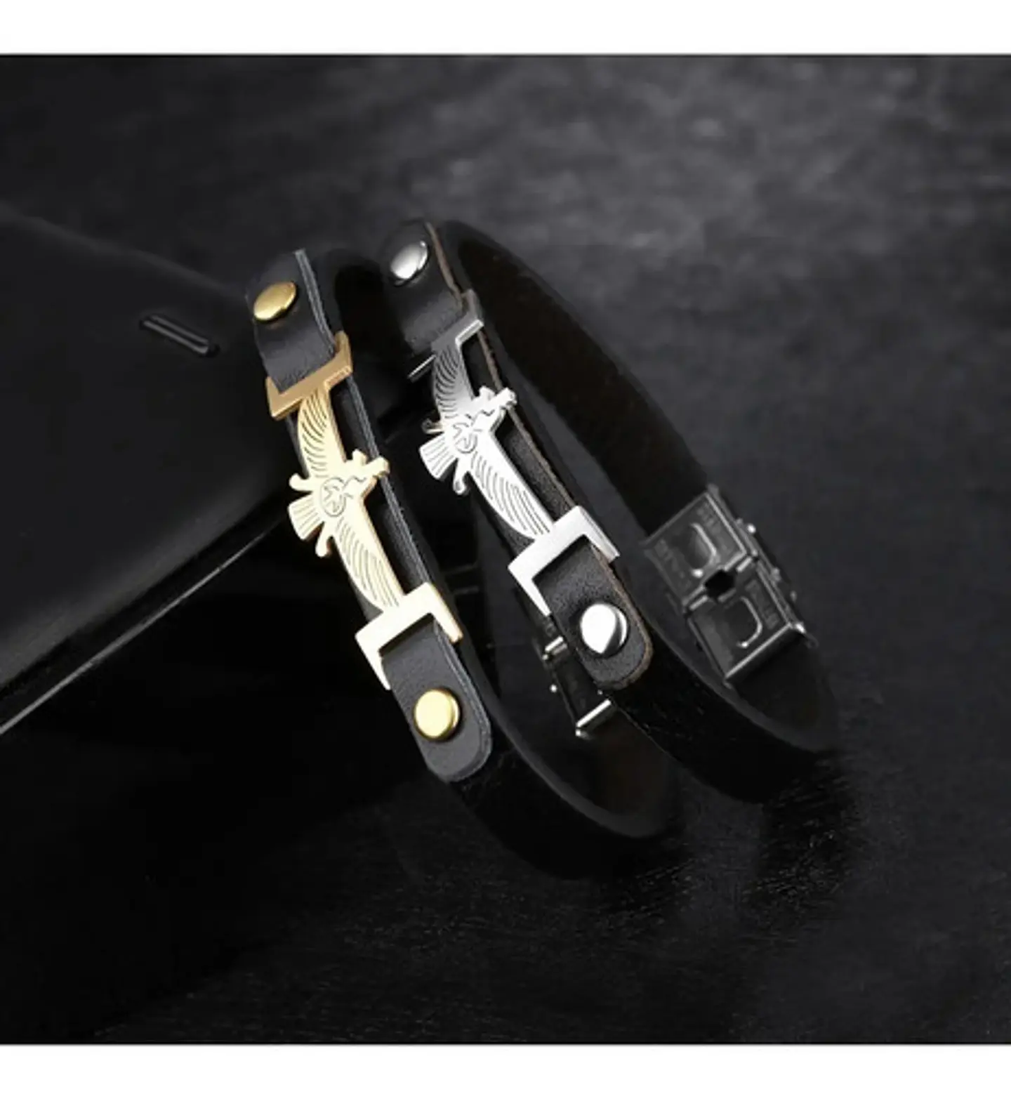 Pulsera Manilla Acero Inoxidable Águila Cuero Negro Hombre 3