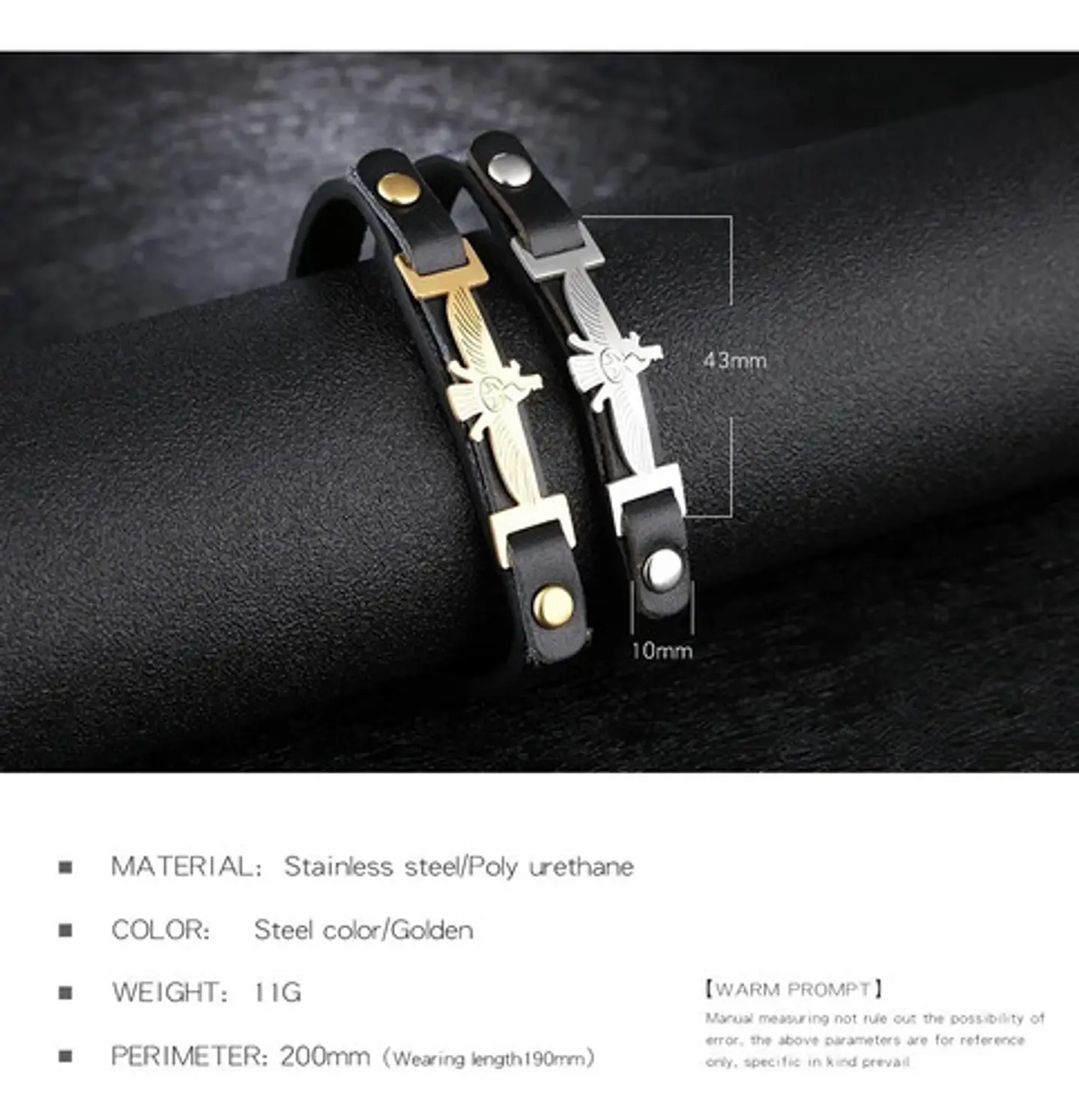 Pulsera Manilla Acero Inoxidable Águila Cuero Negro Hombre 4