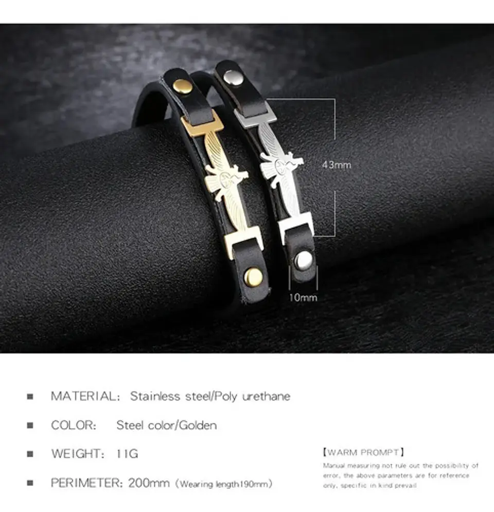 Pulsera Manilla Acero Inoxidable Águila Cuero Negro Hombre 4