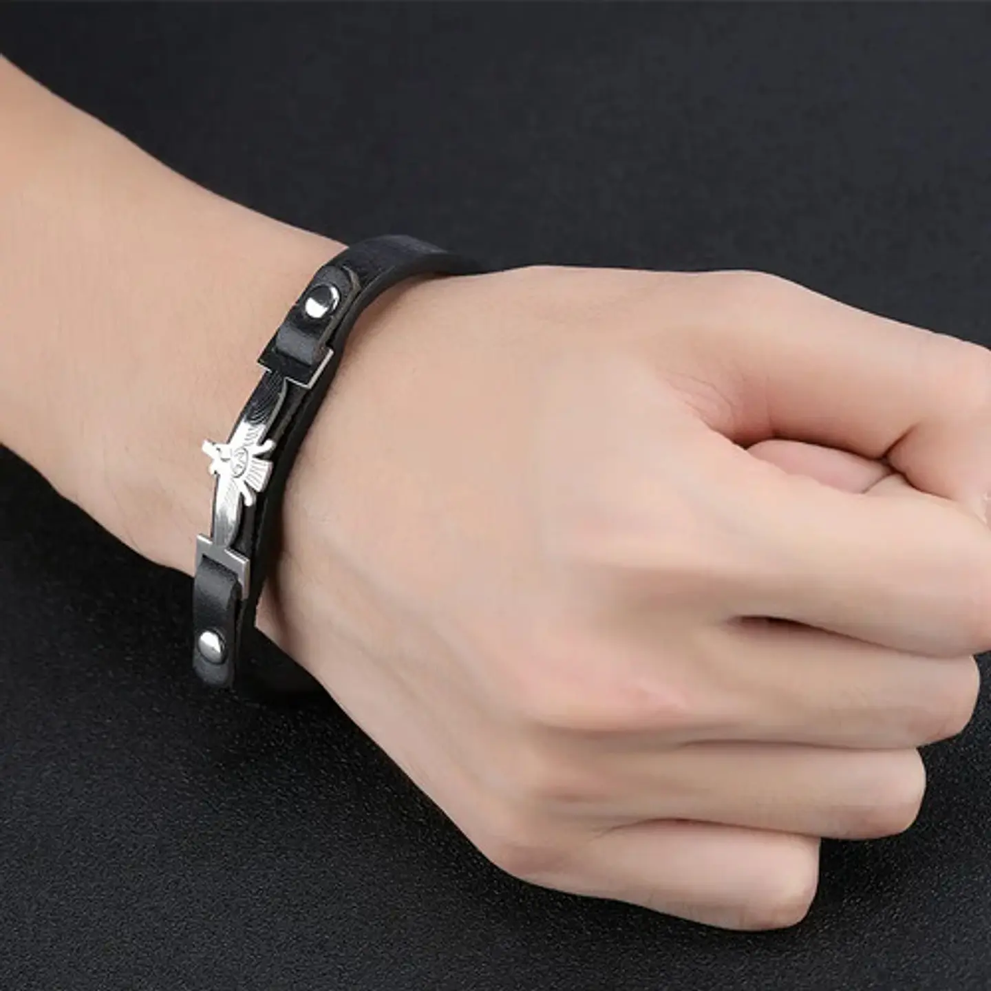 Pulsera Manilla Acero Inoxidable Águila Cuero Negro Hombre 6