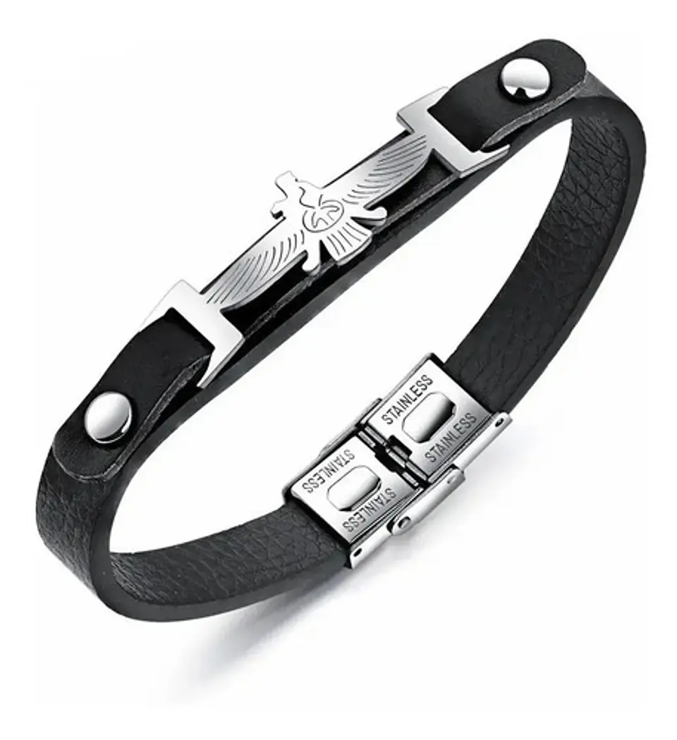 Pulsera Manilla Acero Inoxidable Águila Cuero Negro Hombre 7