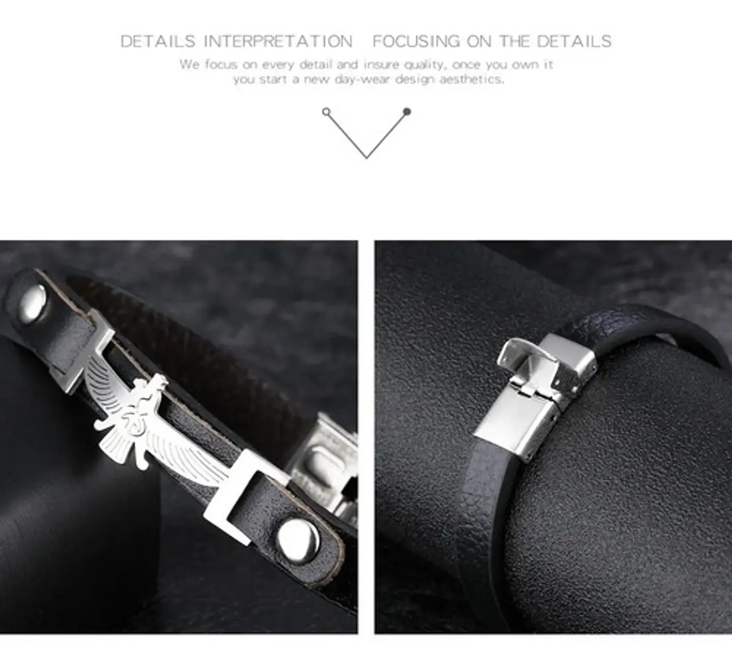 Pulsera Manilla Acero Inoxidable Águila Cuero Negro Hombre 8