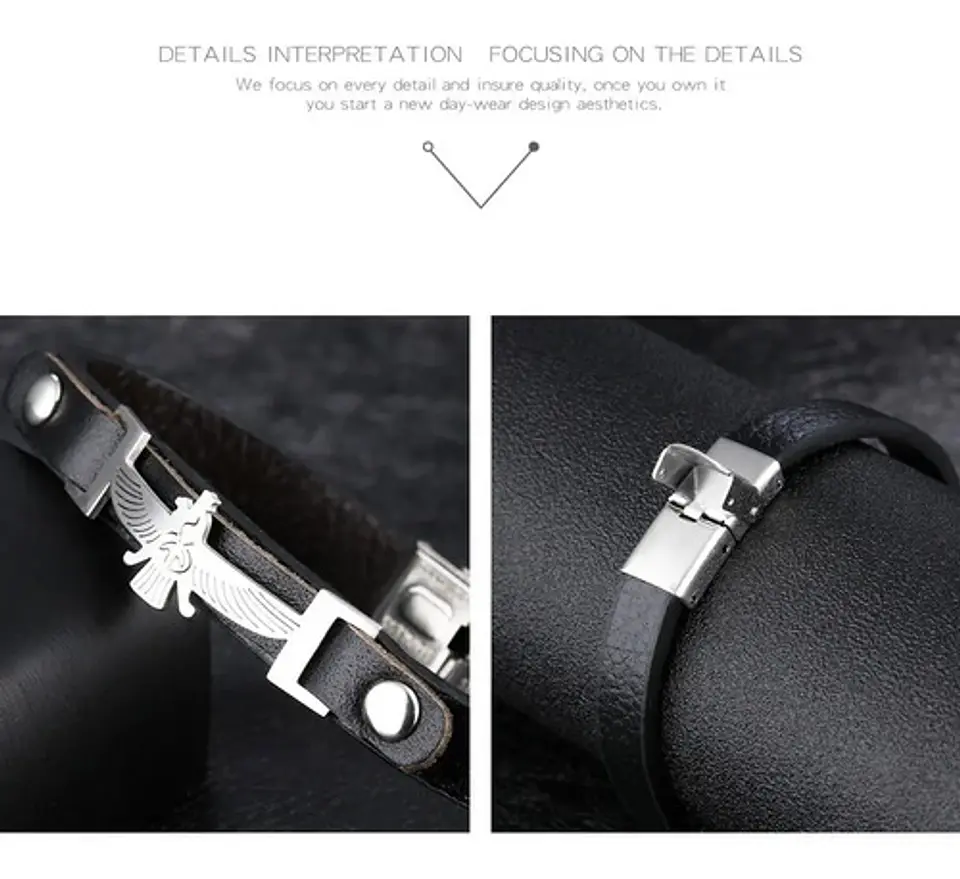 Pulsera Manilla Acero Inoxidable Águila Cuero Negro Hombre 8