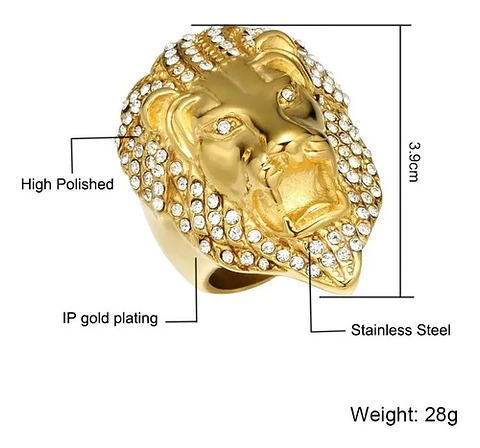 Anillo Color Oro León Piedras Acero Inoxidable Para Hombre