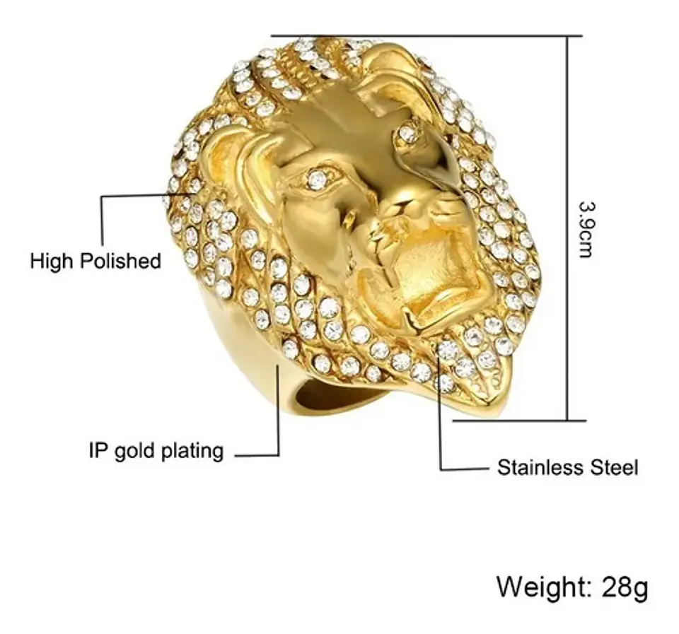 Anillo Color Oro León Piedras Acero Inoxidable Para Hombre 2
