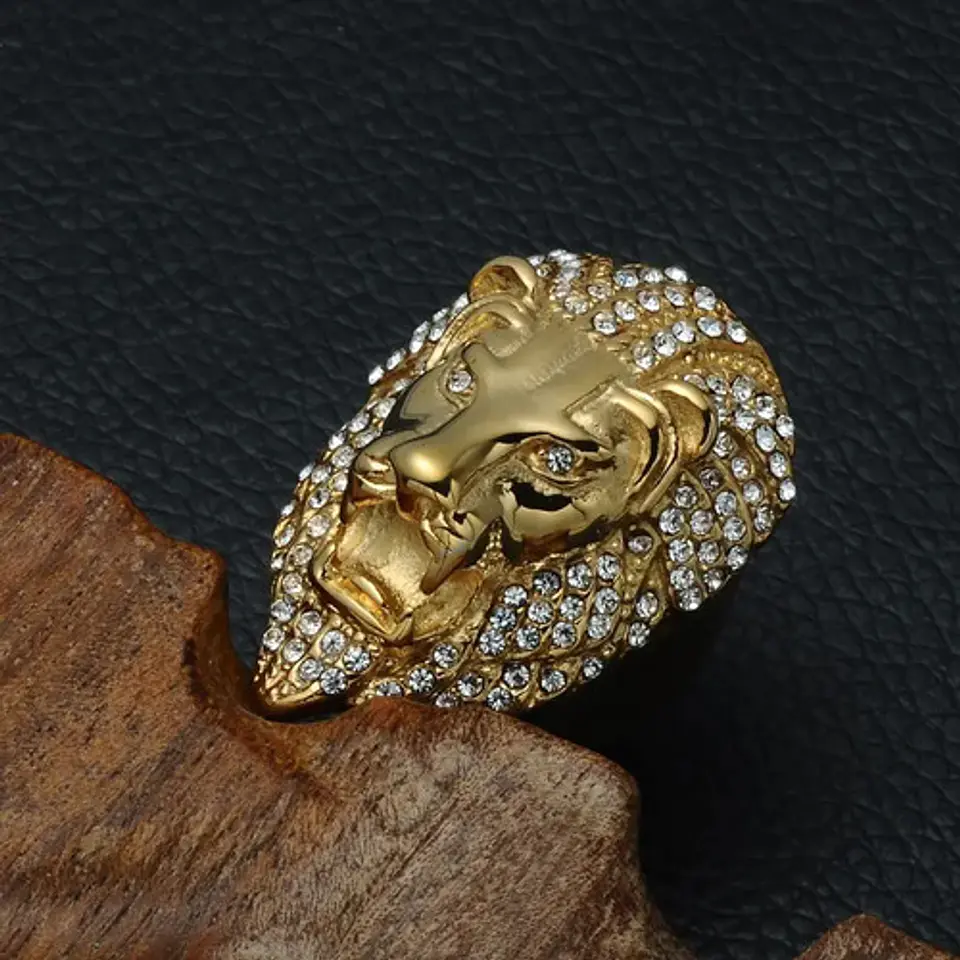 Anillo Color Oro León Piedras Acero Inoxidable Para Hombre 3