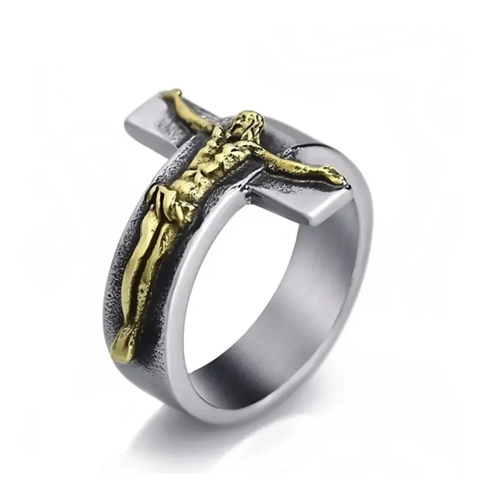 Anillo Jesus Cruz Color Plata Acero Inoxidable Para Hombre 1