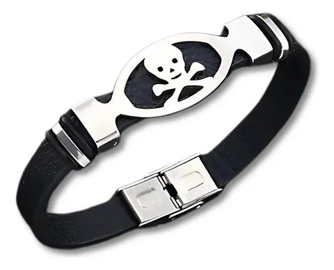 Pulsera Brazalete Cuero Cráneo Skull Acero Inoxidable Hombre