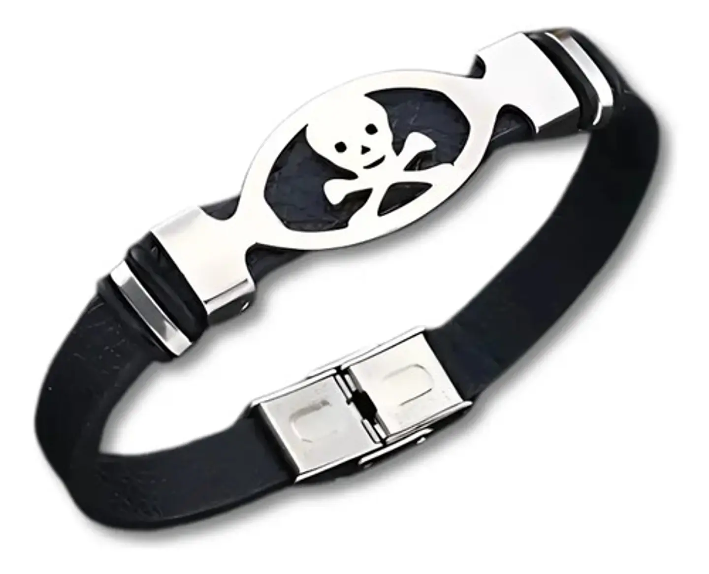 Pulsera Brazalete Cuero Cráneo Skull Acero Inoxidable Hombre 1