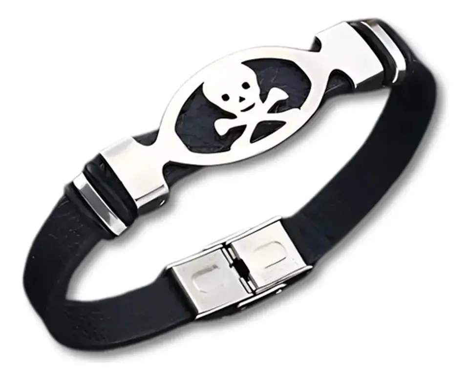 Pulsera Brazalete Cuero Cráneo Skull Acero Inoxidable Hombre 1