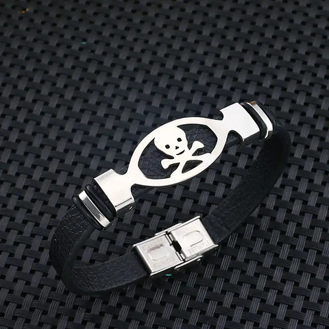Pulsera Brazalete Cuero Cráneo Skull Acero Inoxidable Hombre