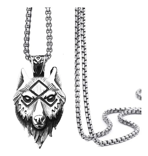 Collar Cabeza Colgante Lobo Nórdico Vikingo Salvaje Hombre