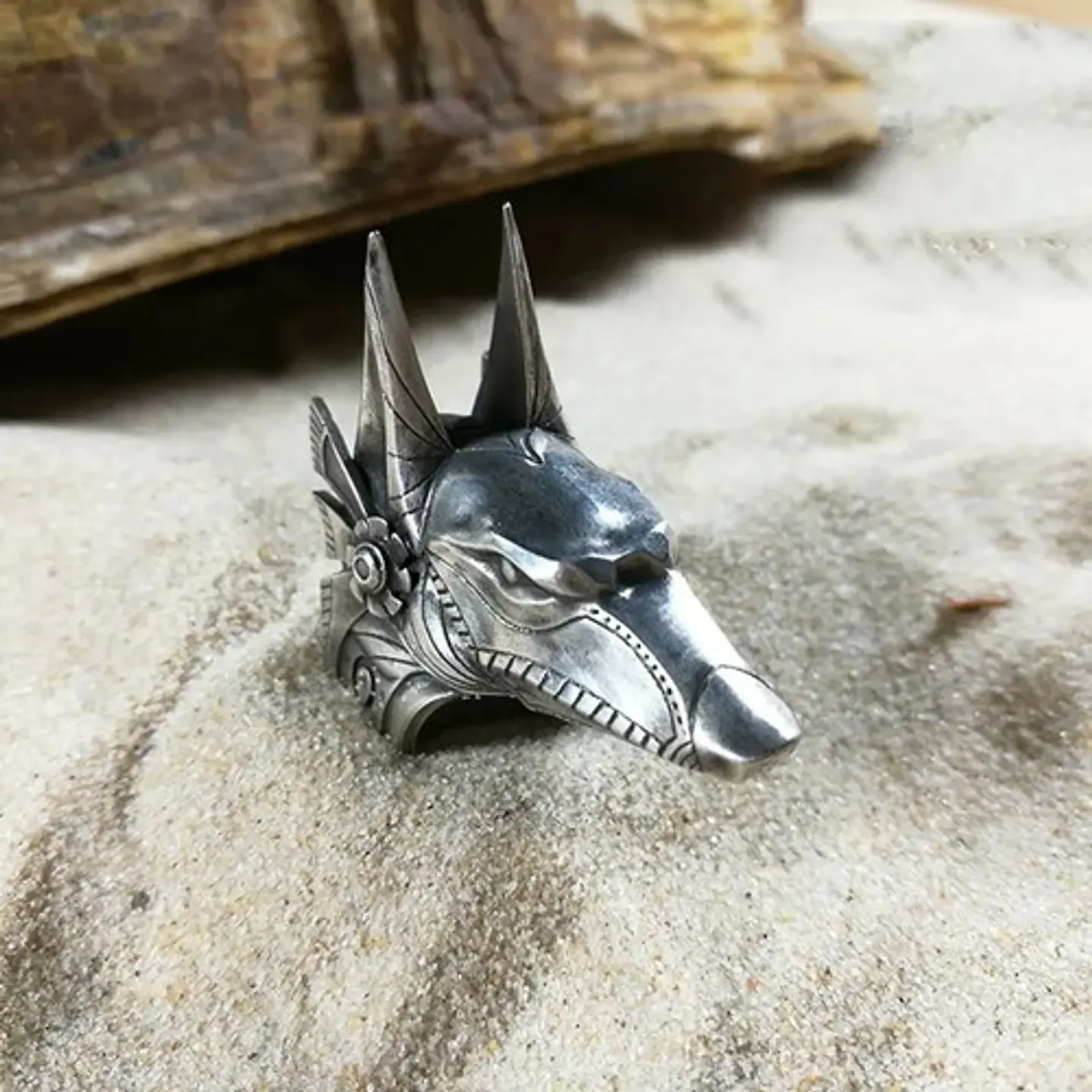 Anillo Acero Inoxidable Anubis Egipcio Color Plata Hombre 12