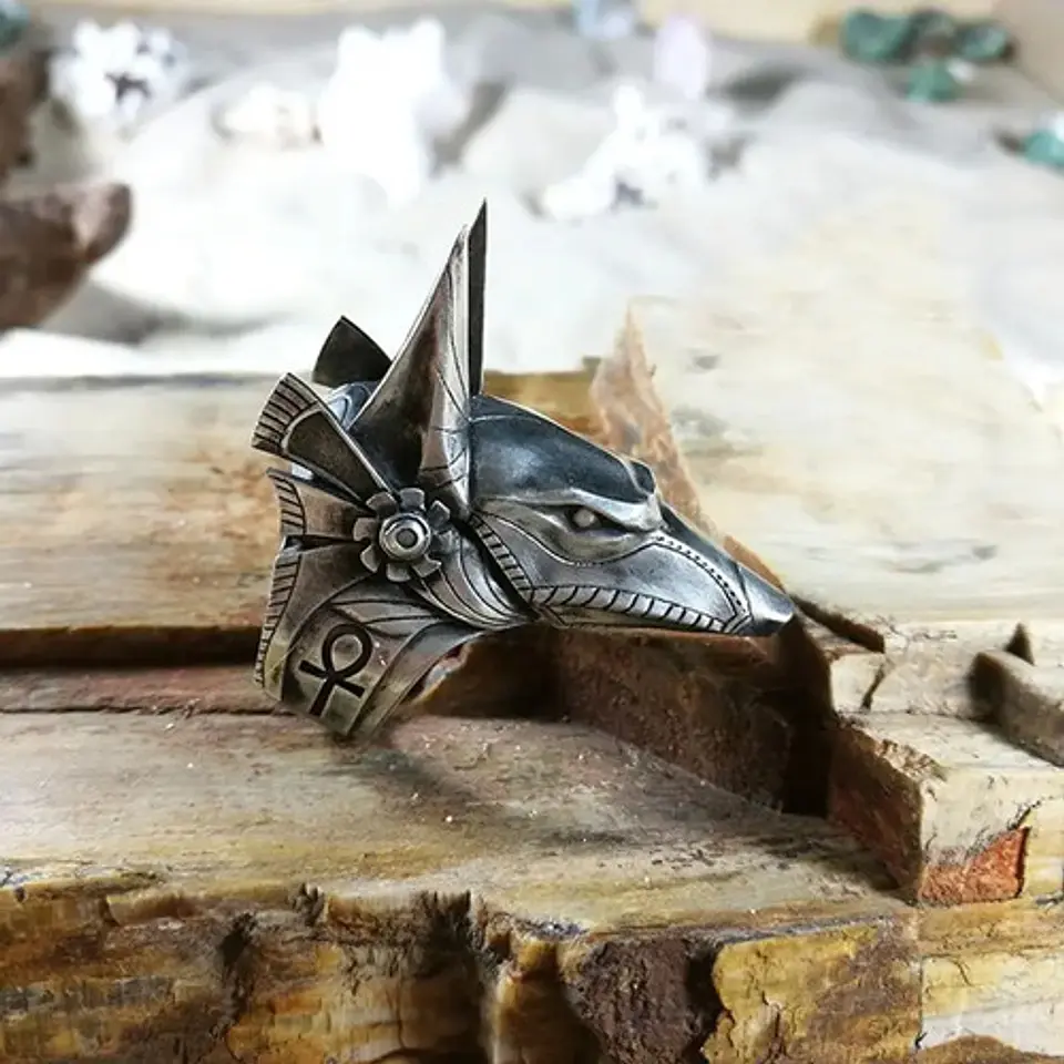 Anillo Acero Inoxidable Anubis Egipcio Color Plata Hombre 14