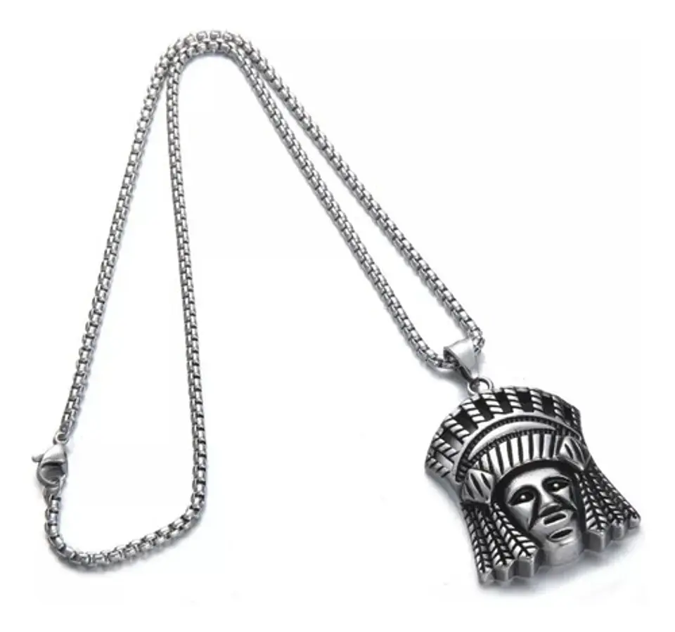 Collar Para Hombre Con Dije Cacique Jefe Indio De Acero 3