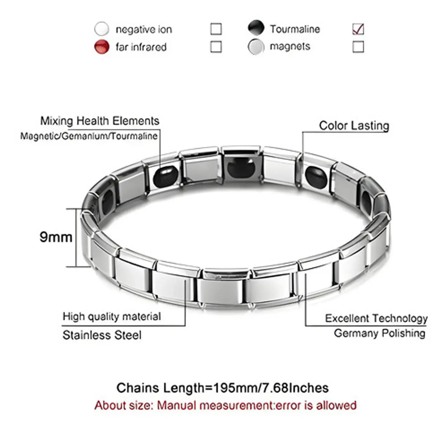 Pulsera Brazalete Turmalina Magnética Acero Inoxidabl Hombre 5