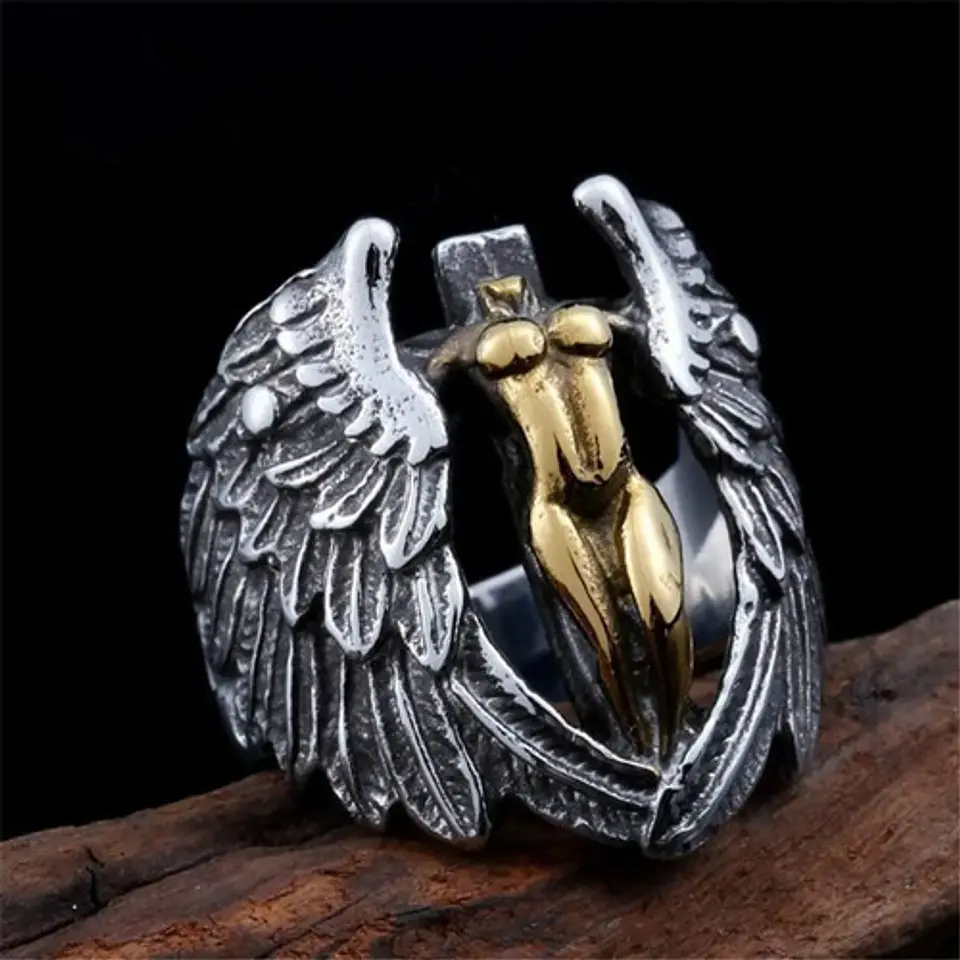 Anillo Argolla Acero Inoxidable Ángel Alas Biker Punk Hombre 4