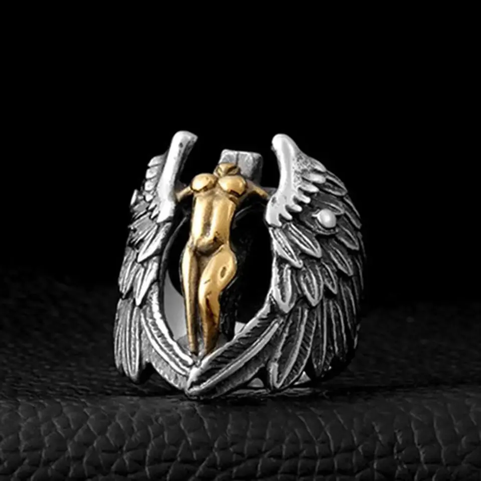 Anillo Argolla Acero Inoxidable Ángel Alas Biker Punk Hombre 5