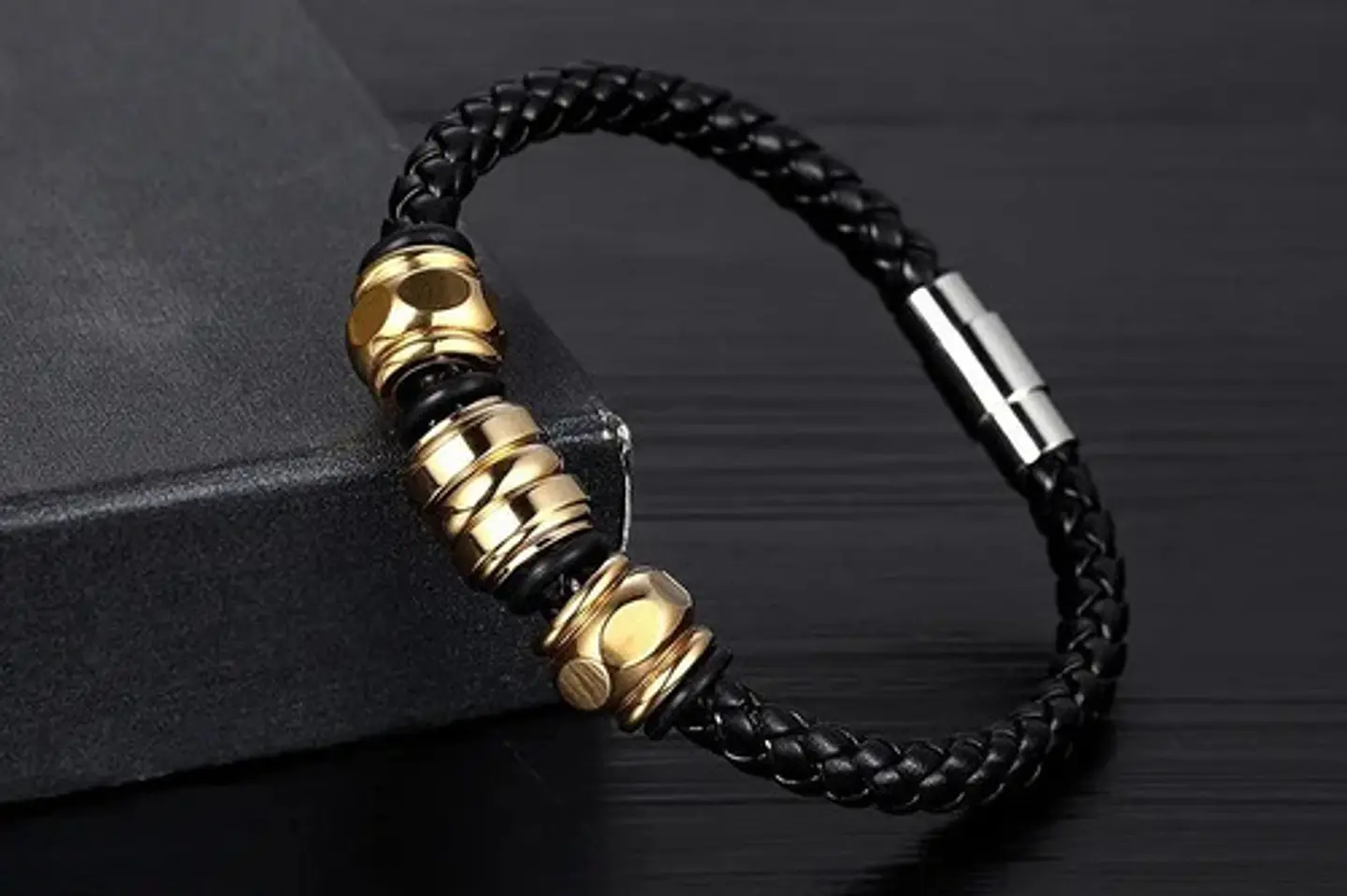 Pulsera Brazalete Cuero Cierre Acero Inoxidable Para Hombre 3