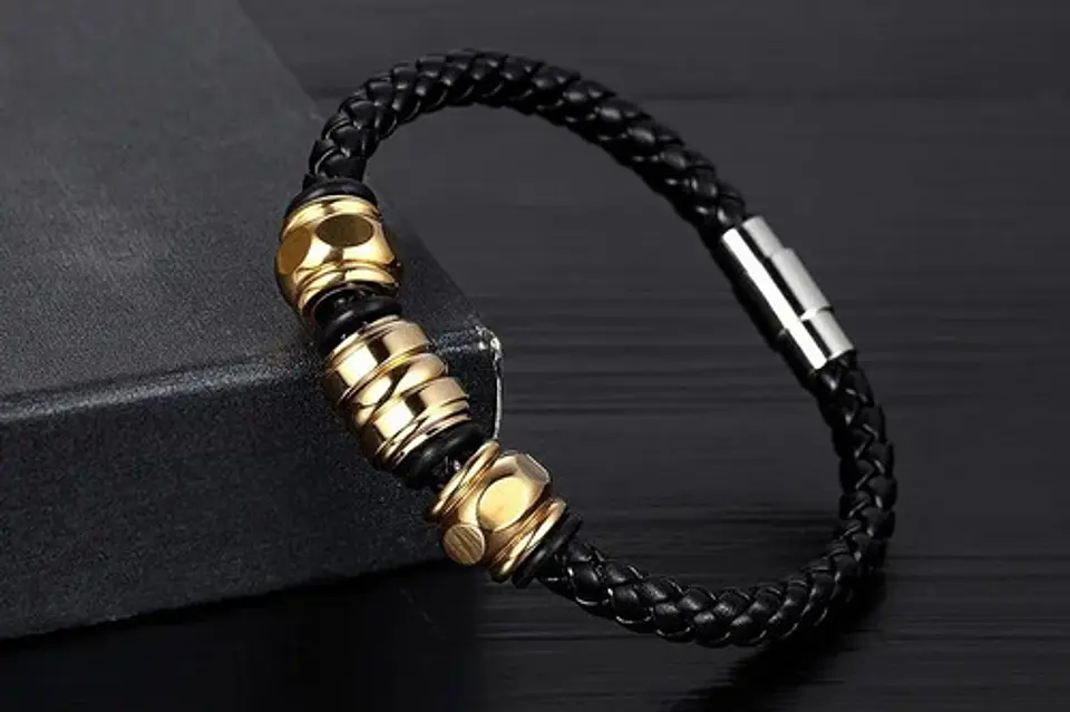 Pulsera Brazalete Cuero Cierre Acero Inoxidable Para Hombre 3