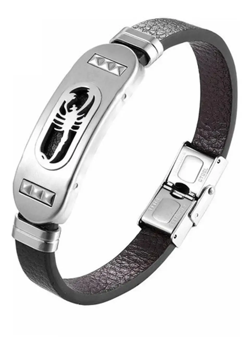 Pulsera Brazalete Placa Lisa Cuero Acero Inoxidable Hombre  1