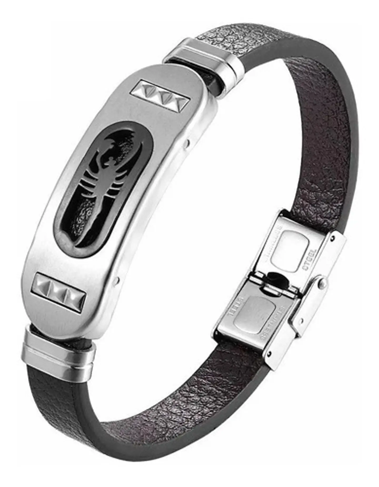 Pulsera Brazalete Placa Lisa Cuero Acero Inoxidable Hombre  4