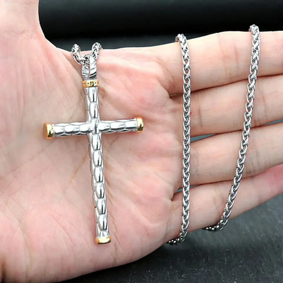 Collar Color Plata Acero Inoxidable Nudo Cruz Militar Hombre 7