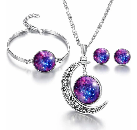 Set Collar Pulsera Aretes Galaxia Nebulosa Media Luna Mujer