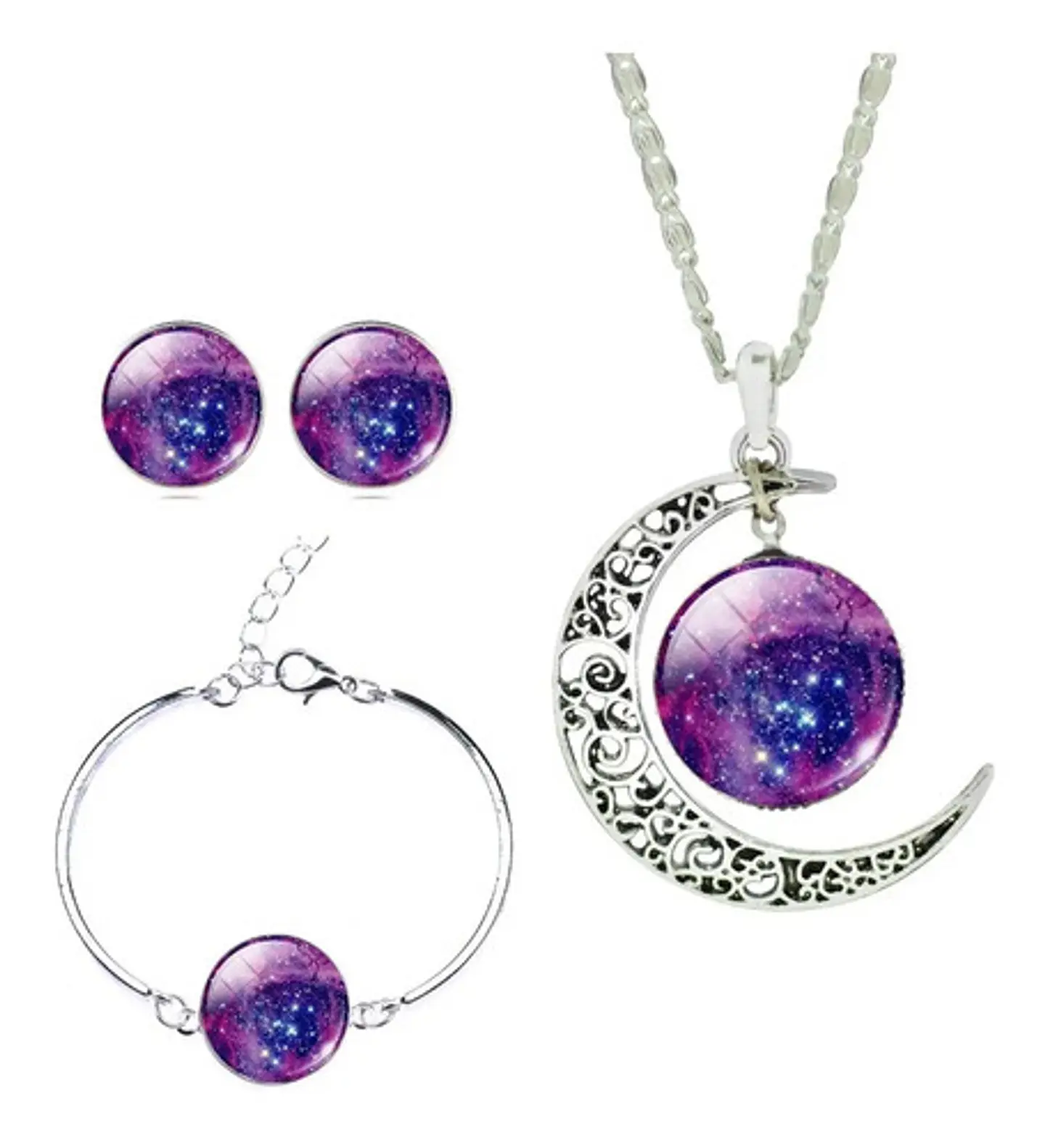 Set Collar Pulsera Aretes Galaxia Nebulosa Media Luna Mujer 5