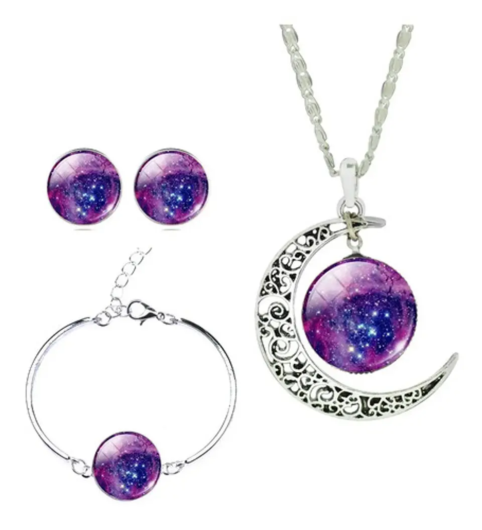 Set Collar Pulsera Aretes Galaxia Nebulosa Media Luna Mujer 5