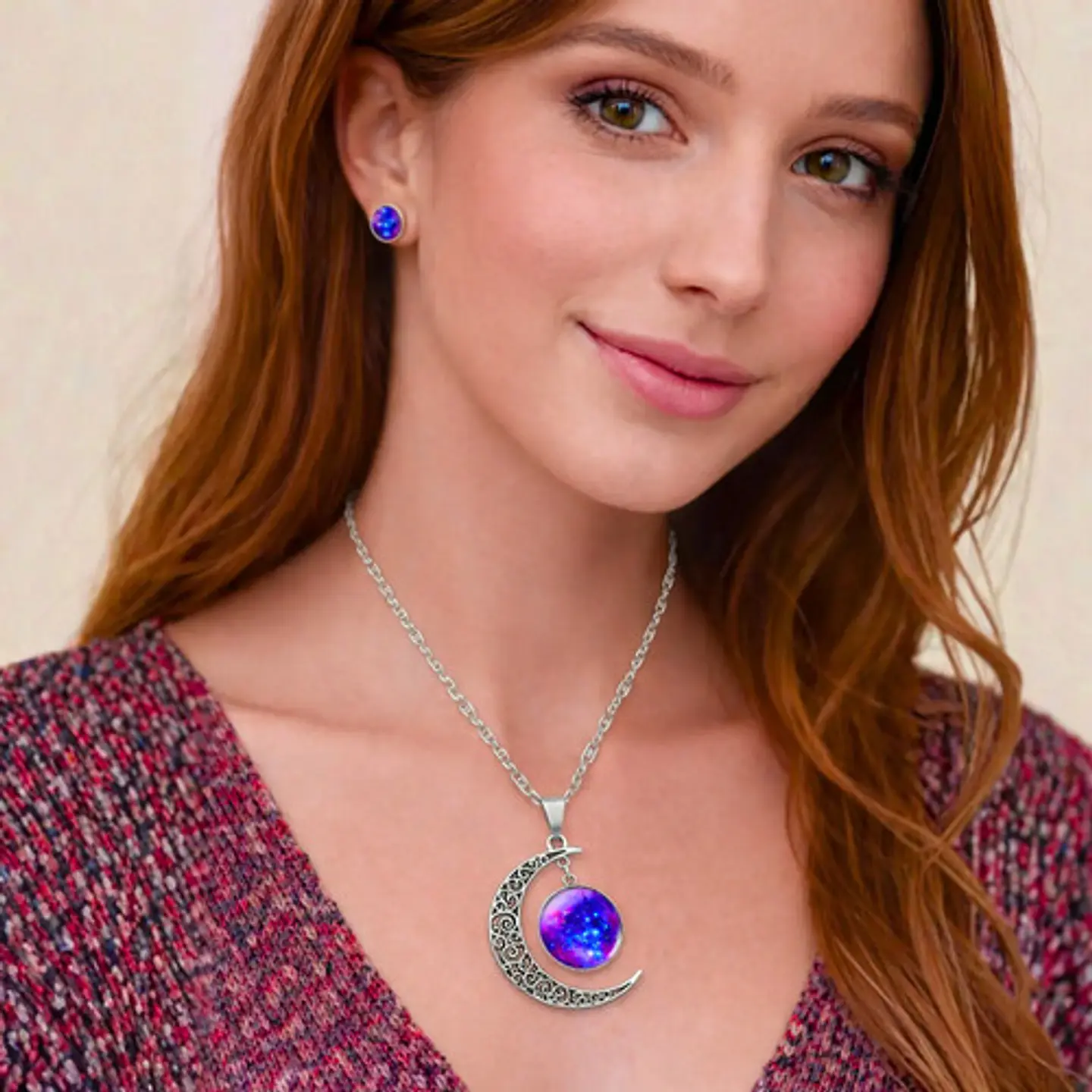 Set Collar Pulsera Aretes Galaxia Nebulosa Media Luna Mujer 8