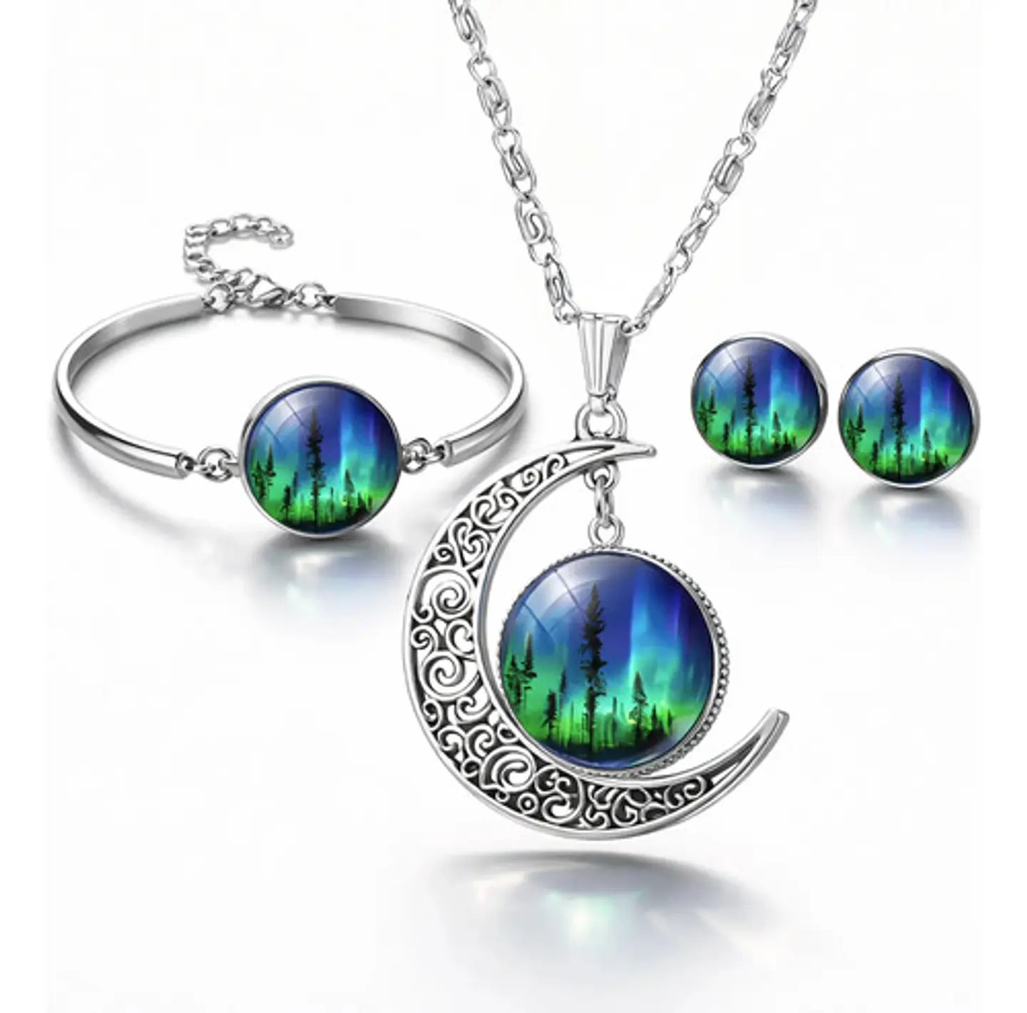 Set Collar Pulsera Aretes Galaxia Nebulosa Media Luna Mujer 17