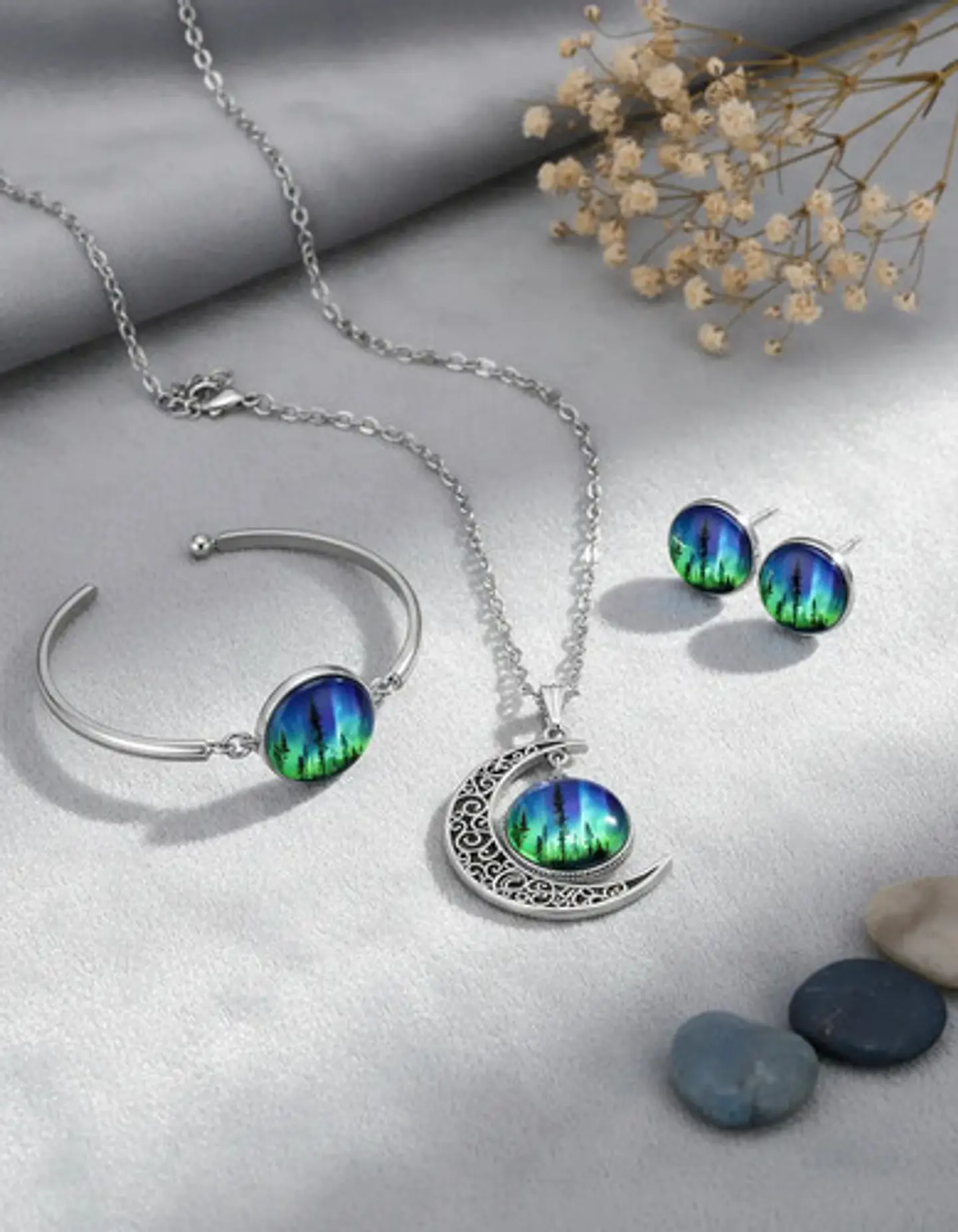 Set Collar Pulsera Aretes Galaxia Nebulosa Media Luna Mujer 19