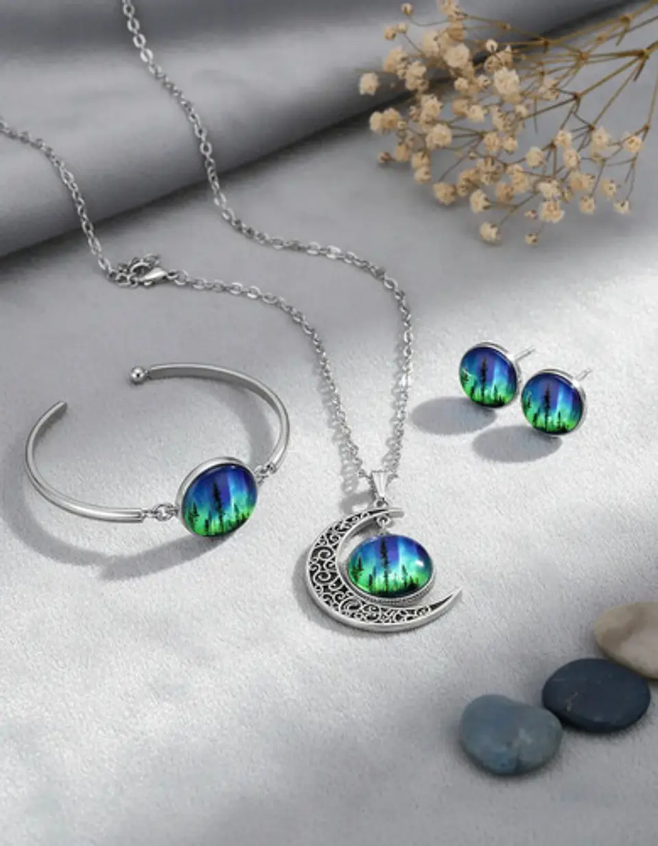 Set Collar Pulsera Aretes Galaxia Nebulosa Media Luna Mujer 19