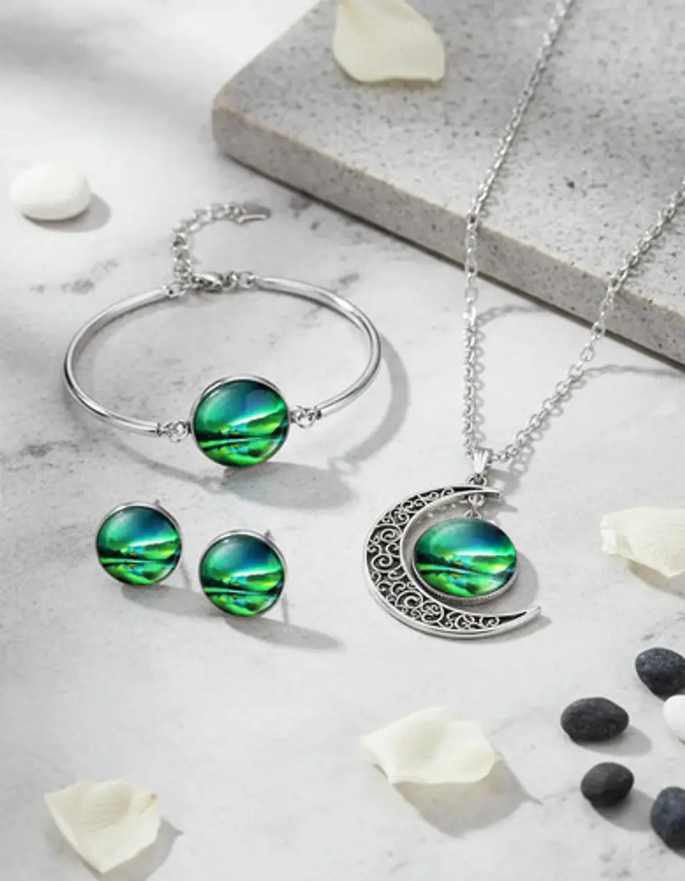 Set Collar Pulsera Aretes Galaxia Nebulosa Media Luna Mujer 28