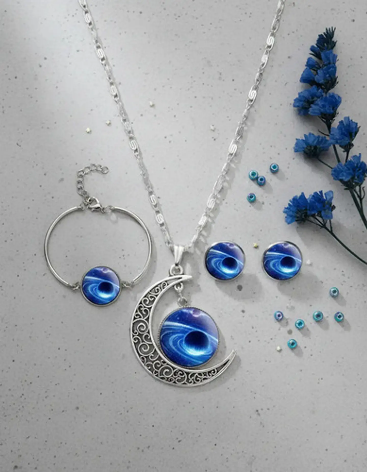 Set Collar Pulsera Aretes Galaxia Nebulosa Media Luna Mujer 37