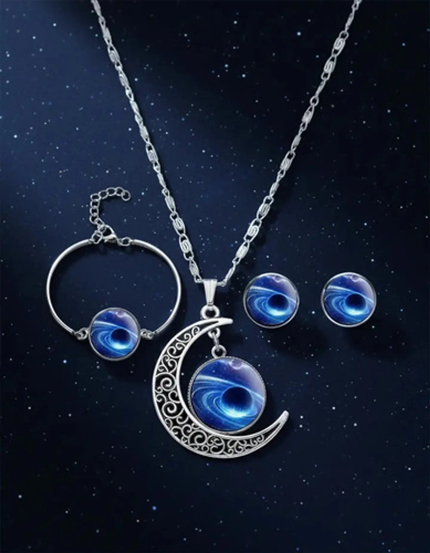 Set Collar Pulsera Aretes Galaxia Nebulosa Media Luna Mujer 39
