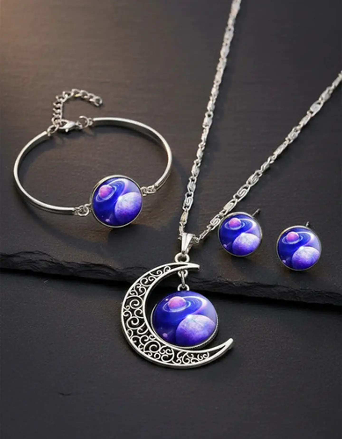 Set Collar Pulsera Aretes Galaxia Nebulosa Media Luna Mujer 41