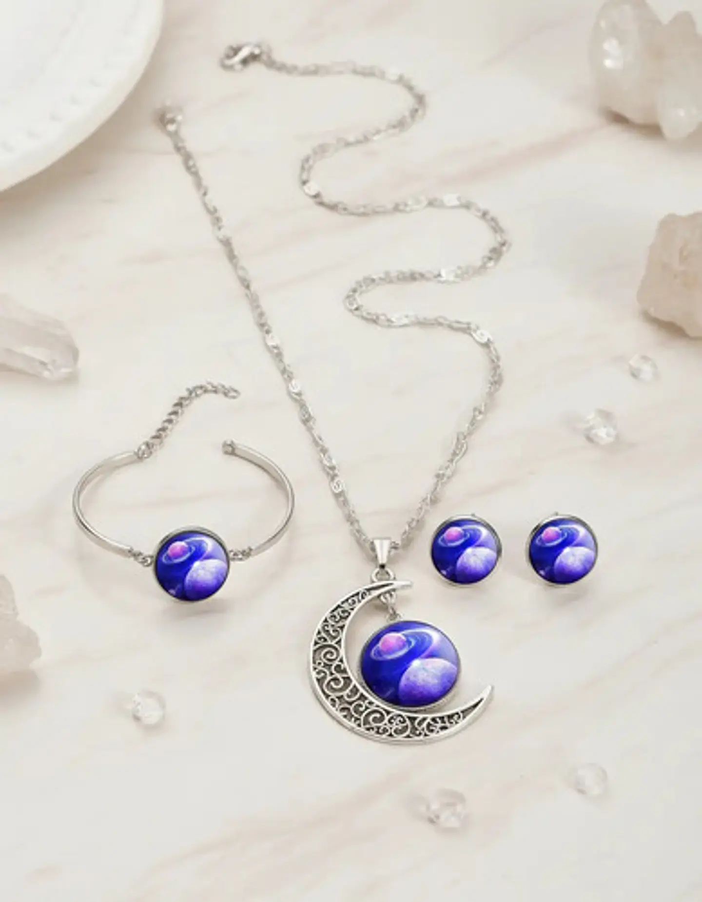Set Collar Pulsera Aretes Galaxia Nebulosa Media Luna Mujer 42