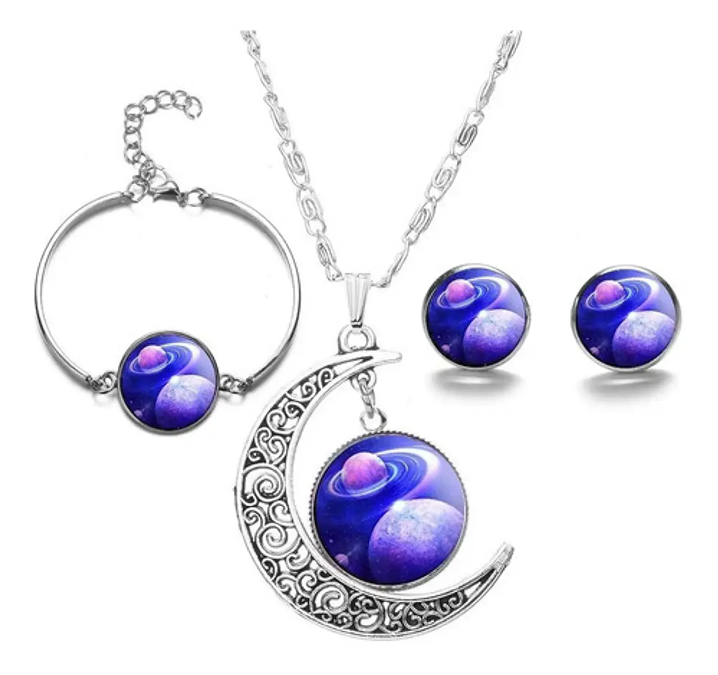 Set Collar Pulsera Aretes Galaxia Nebulosa Media Luna Mujer 45