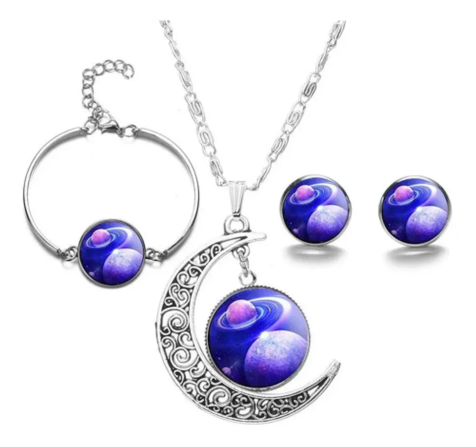 Set Collar Pulsera Aretes Galaxia Nebulosa Media Luna Mujer 45