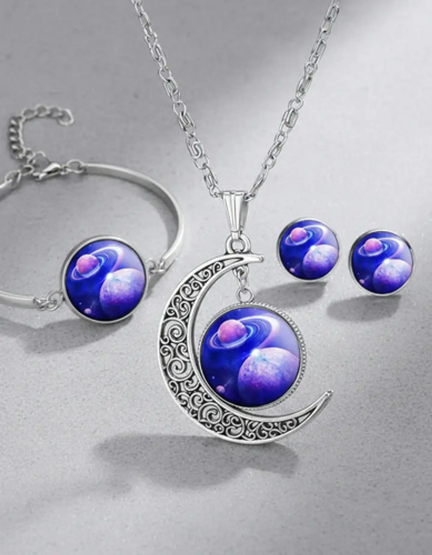 Set Collar Pulsera Aretes Galaxia Nebulosa Media Luna Mujer 46