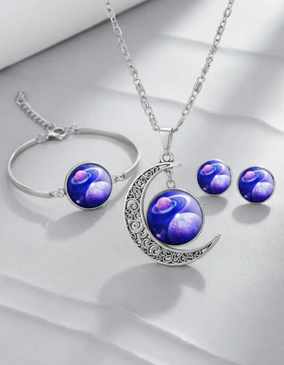 Set Collar Pulsera Aretes Galaxia Nebulosa Media Luna Mujer 47