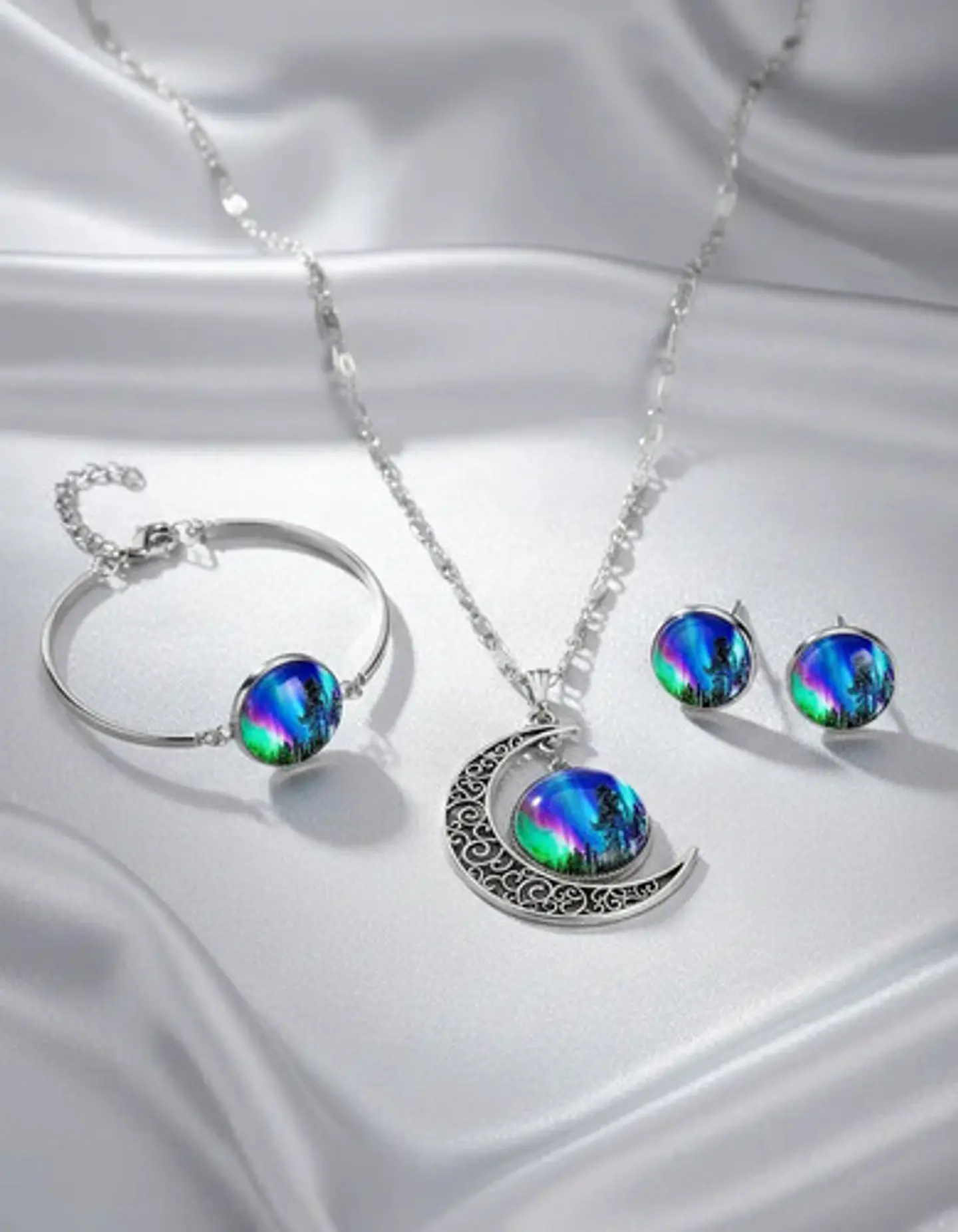 Set Collar Pulsera Aretes Galaxia Nebulosa Media Luna Mujer 49